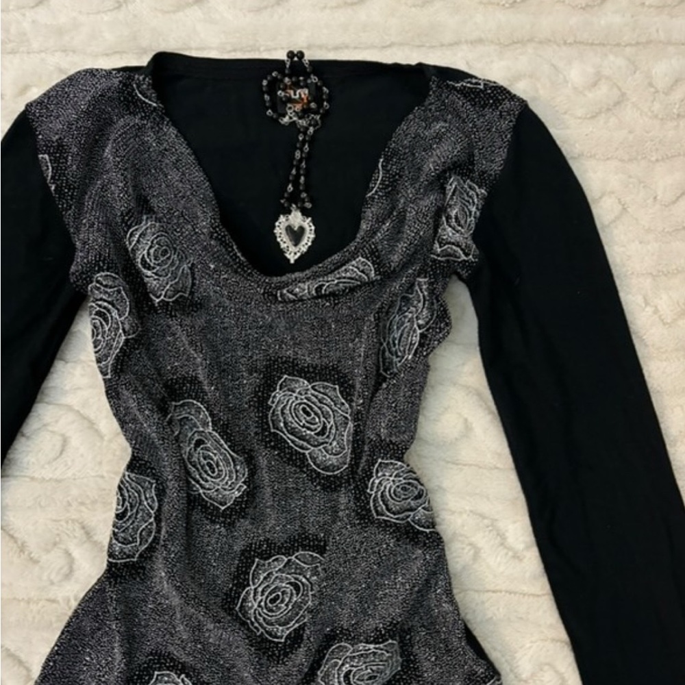 Elegant Black and Silver Rose Pattern Dress